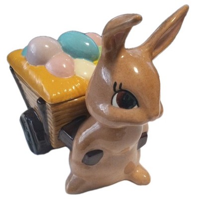 Vintage Brown Bunny Pulling Cart Eggs Box 6'' Tall'' Linda M'' Design Signature