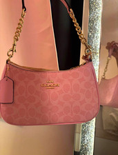 Coach Pink Signature Coated Canvas Crescent Shoulder Bag Gold Chain Zip Strap