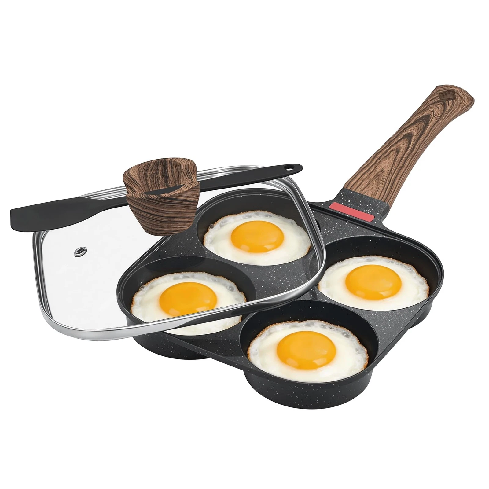 Nonstick 4-Cup Egg Pan With Lid, Black Aluminum Non Stick Frying Pans, Bakeli...