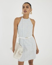 River Island Womens Mini Dress Blue Halter Neck Boucle Belted Sleeveless