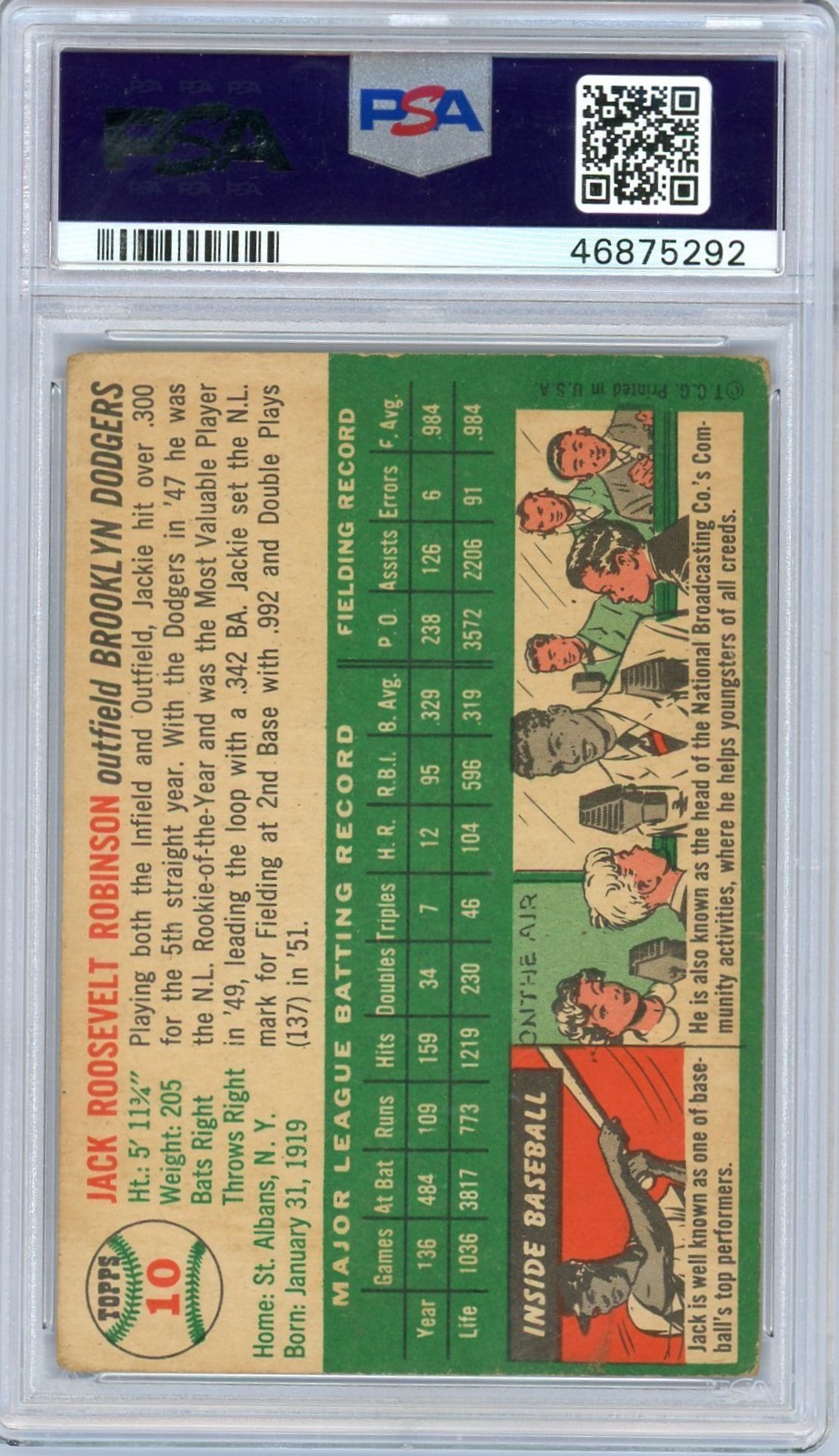 1954 Topps Jackie Robinson #10 PSA 2.5 Vintage Baseball Brooklyn Dodgers HOF view 2