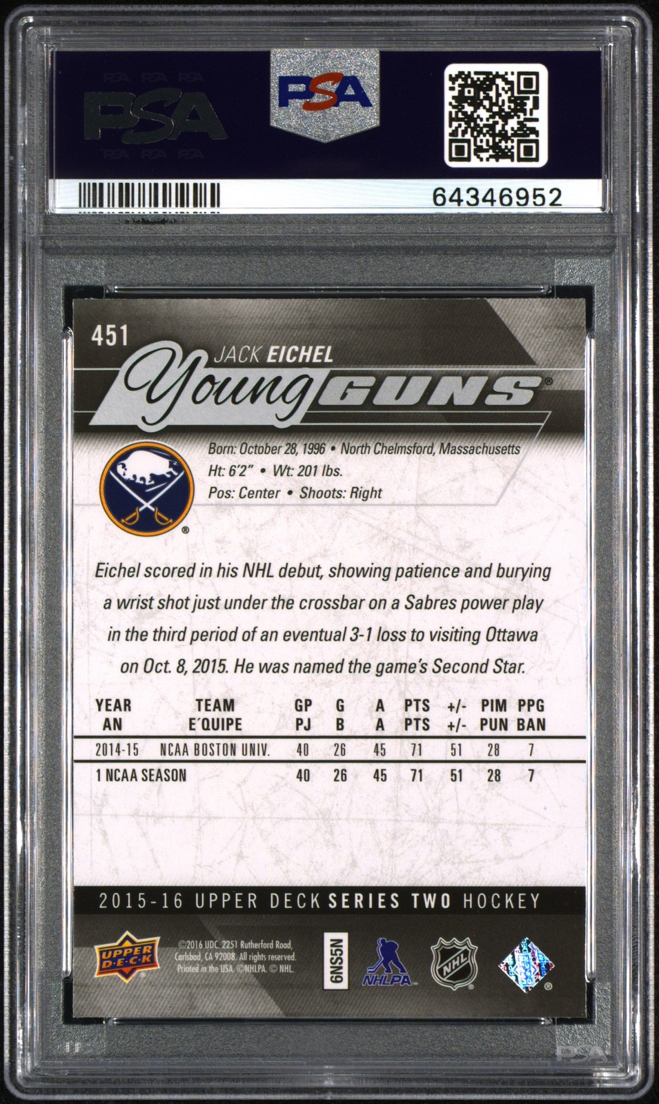 Jack Eichel 2015 Young Guns Rookie #451 PSA 10 view 2