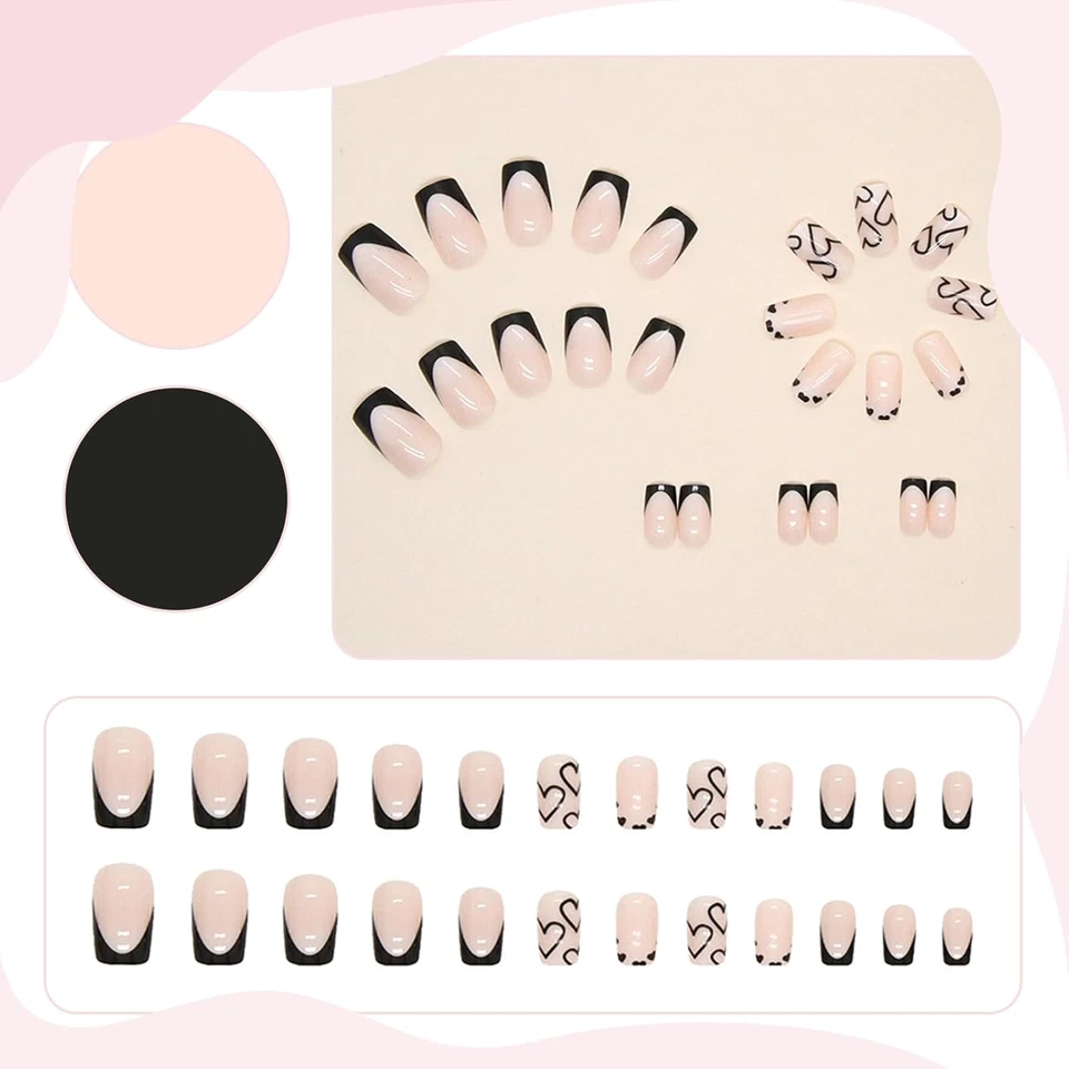 French Tip Press on Nails Kurz Schwarz Weiß Herz Design Fake Nägel - Bild 3 von 4