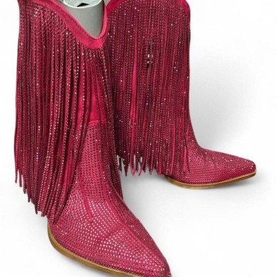 Ouepiano Cowboy Boots for Women - Cowgirl Rhinestone Boots with Sparkly Fringe