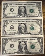 (3) 1988-A $1 Dollar Bills Consecutive Serial G11421193Q G11421194Q G11421195Q
