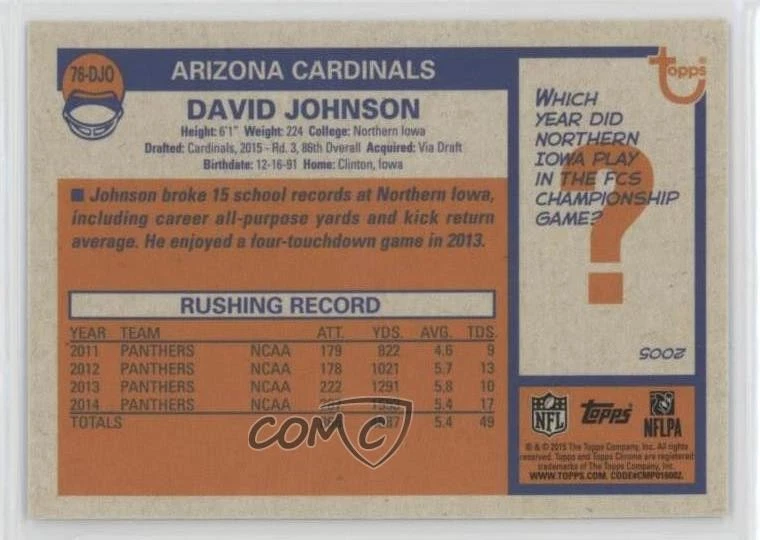 2015 Topps Chrome 1976 Football David Johnson #76-DJO Rookie RC - Image 2 of 2