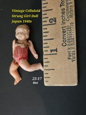 Vintage Celluloid Strung Girl Doll. Red Bathing Suit With Flowers. Japan 1940s