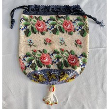 Antique Victorian Beaded Knitted Drawstring Purse Crocheted Roses Glass Beads 8"