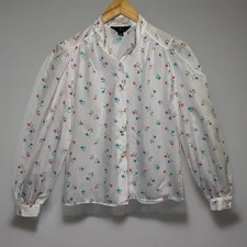 Hunt Club JCPenney Women’s Blouse Sz 9/10 M White Tulip Floral Purple Orange Dot