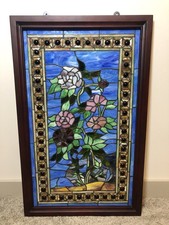 LARGE Stained Glass Hanging Window Panel Roses Flowers Floral Slag Glass Wood