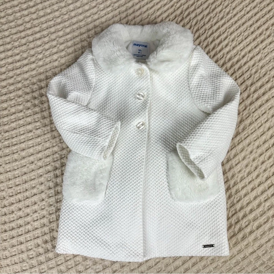 Mayoral Baby Girls Structured Knit Pea Coat in Winter White With Faux Fur - Image 2 of 4