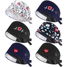 6 PCS Satin Lined Scrub Caps Women Bouffant Nursing Hats With Button