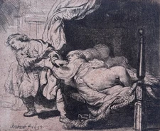 REMBRANDT "Joseph and Potiphar's Wife" Original Etching (1634) State II/V