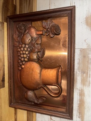 Vintag Mid Century Copper Craft Guild 3D Framed Wall Art Pic Roses Pear Water