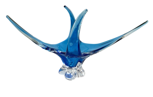 Vintage CHALET Turquoise Blue Stretch Art Glass 4 Pt Centerpiece Vase Bowl 18" - Picture 6 of 6