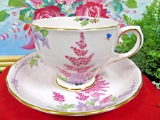Tuscan tea cup and saucer pink floral painted teacup Butterfly England 1940s