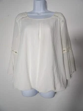 AB Studio Large Tunic Top White Boho Bell Sleeve Eyelet Lined Pleated Hippie Pea