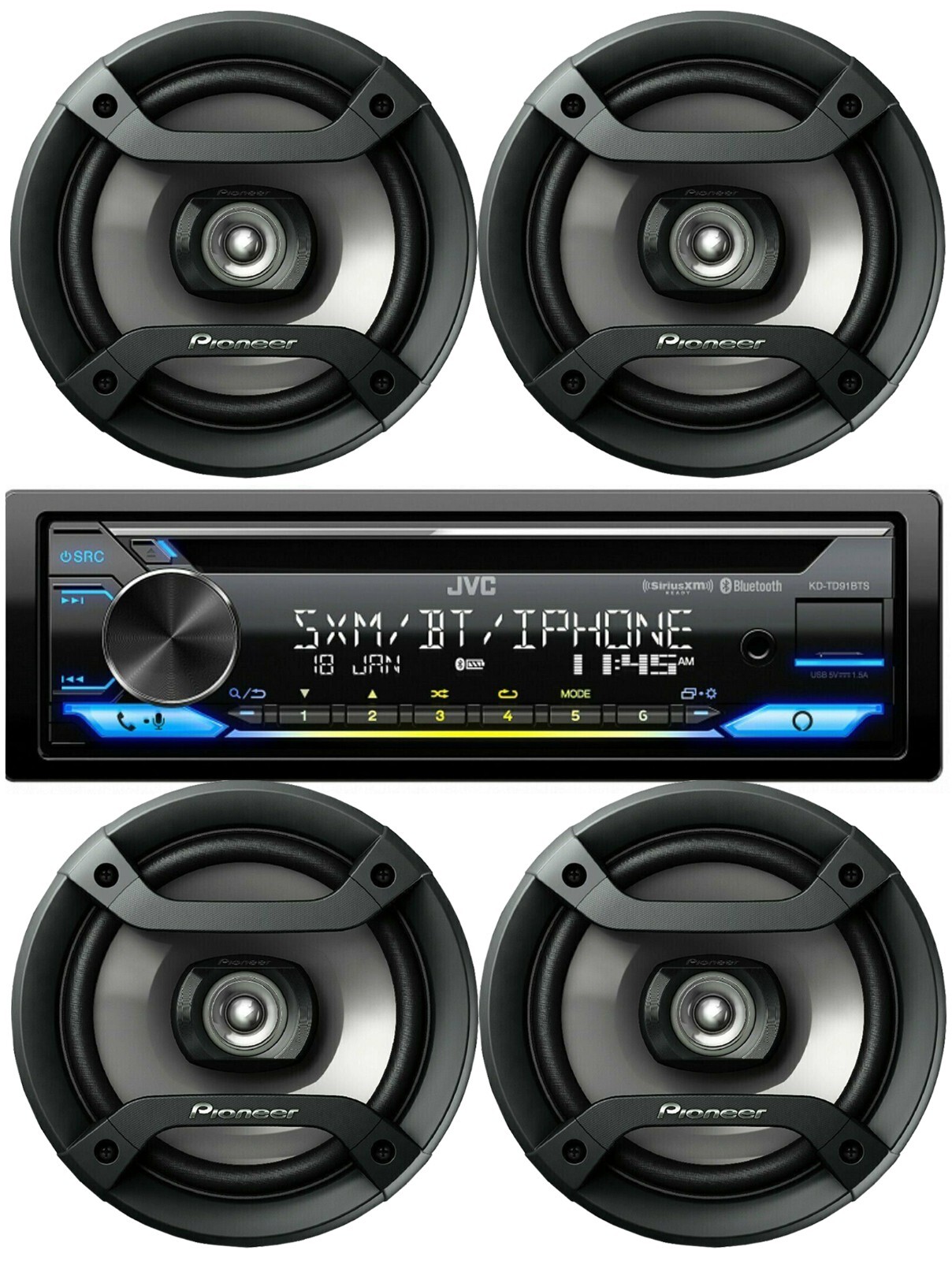 JVC KD-TD91BTS 1-DIN Bluetooth CD Car Audio Receiver + 4x Pioneer  6.5" Speakers