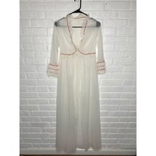 Vintage White Peignoir Nylon Pink Ruffled Sleeves Tie Front ILGWU Size Medium