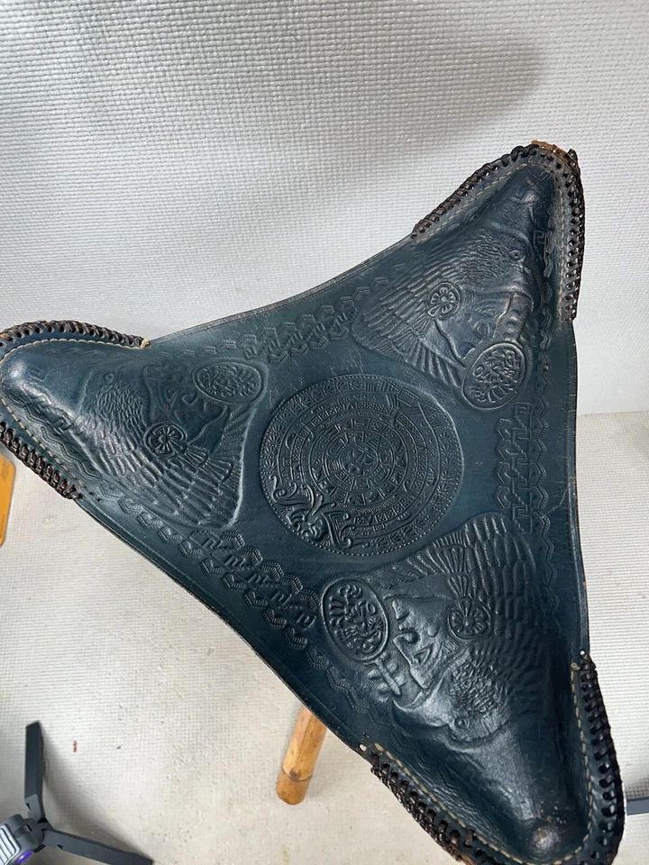 Vtg Leather Tripod Folding Stool Blue Saddle Seat Chair Aztec Mayan Bamboo Legs - Image 2 of 4