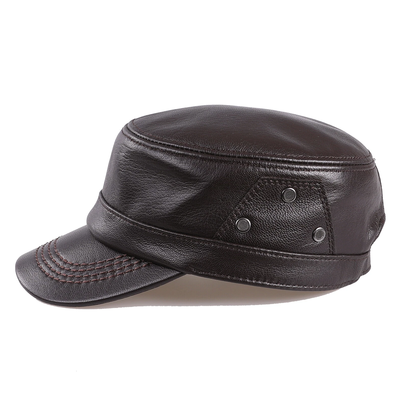 Men's Flat Top Cap Real Sheepskin Leather Military Style Caps Cadet Army Hats