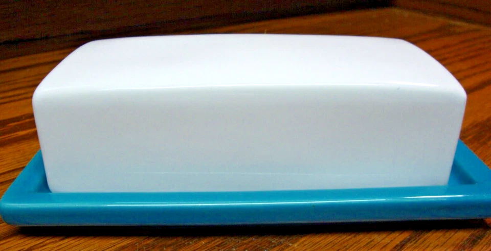 Mainstays White & Teal Covered Butter Dish Ceramic 7x3.75x2.25" Tabletop     W21 - Image 2 of 4