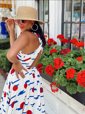 ModCloth Red White Blue Linen Blend Wrap Open Back Dress Women’s Size 