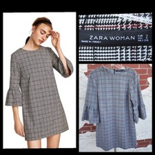 New SMALL ZARA Woman Plaid Long Sleeve Bell Sleeve short Shift Dress 