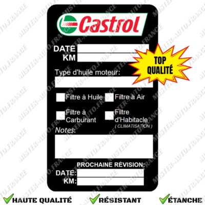 Autocollant Entretien Voiture Castrol Changement Huile Filtre Étiquette Etanche