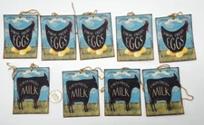 9~Primitive~Handmade~Farmhouse~Linen Cardstock~Rooster~Cows~Gift~Hang~Tags