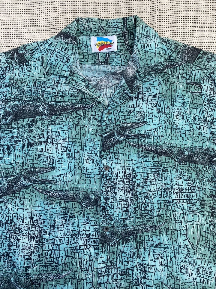 Camisa surf vintage años 80 PARADISE FOUND HAWAII COCODRILO COCODRILO AOP abotonada Foto 3 de 4