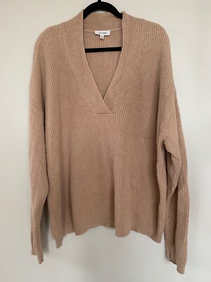 Haven Well Within Cashmere Cotton Blend V-neck Sweater XXL Tan Ribbed Knit Boxy