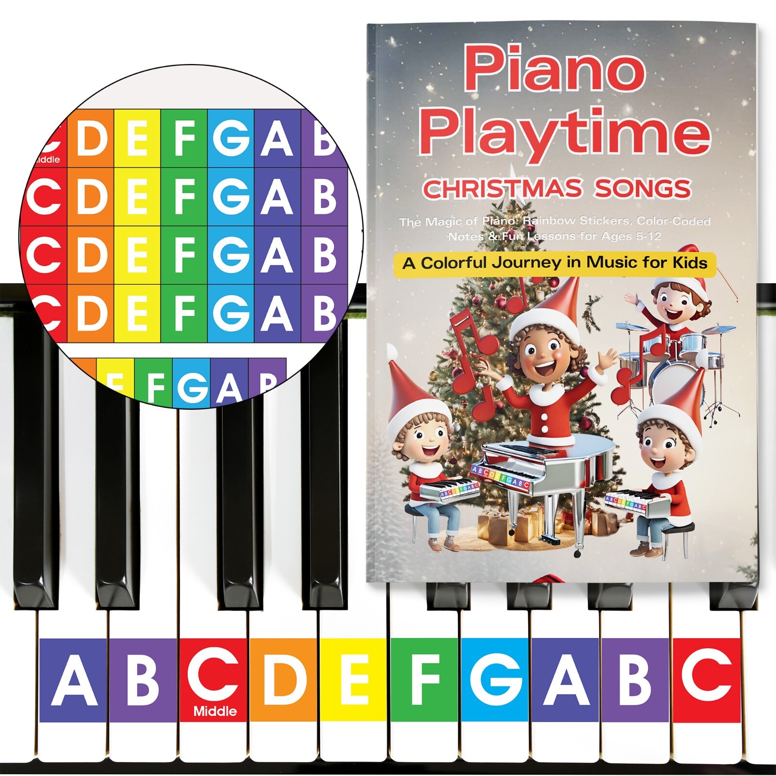 QMG Piano Playtime Natale Principiante Piano Libro e Adesivi Colore Arcobaleno