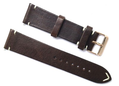 22mm Brown/White Genuine Leather Classic Watch Band Strap Rose Gold Tone Buckle