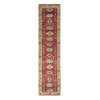 2'7''x12' Red Karjihooz Design Pure Wool Hand Knotted Runner Rug R84684