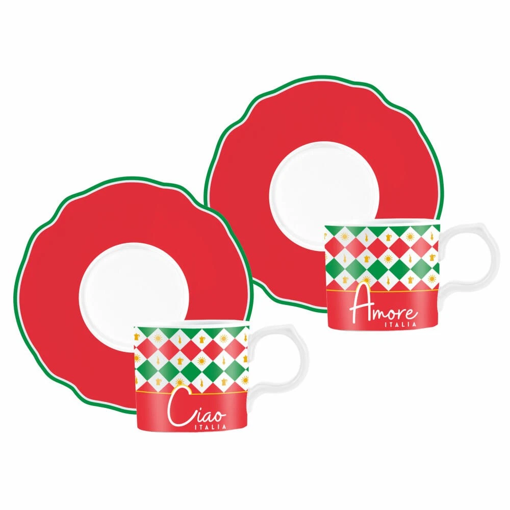 Bialetti Espressotassen Ciao Italia 2er Set, mit Untertassen, Porzellan, 90 ml