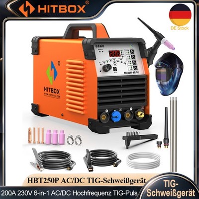 HITBOX HF TIG AC/DC Schweißmaschine 220V IGBT Puls ARC Aluminium mit Schweißhelm