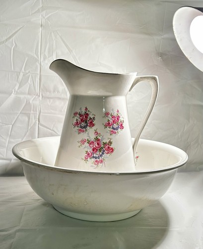 Vintage Empire Ware Ceramic Wash Basin & Pitcher Set, Floral Transferware