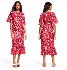 RHODE linen blend Large Zinnia Floral Print Bell Sleeve Midi Dress - Red Size 2