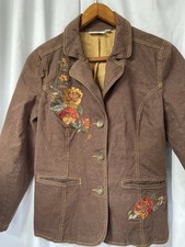 Denim Co. Women's Sm Embroidered Floral Brown Denim 3 Button Blazer Jacket
