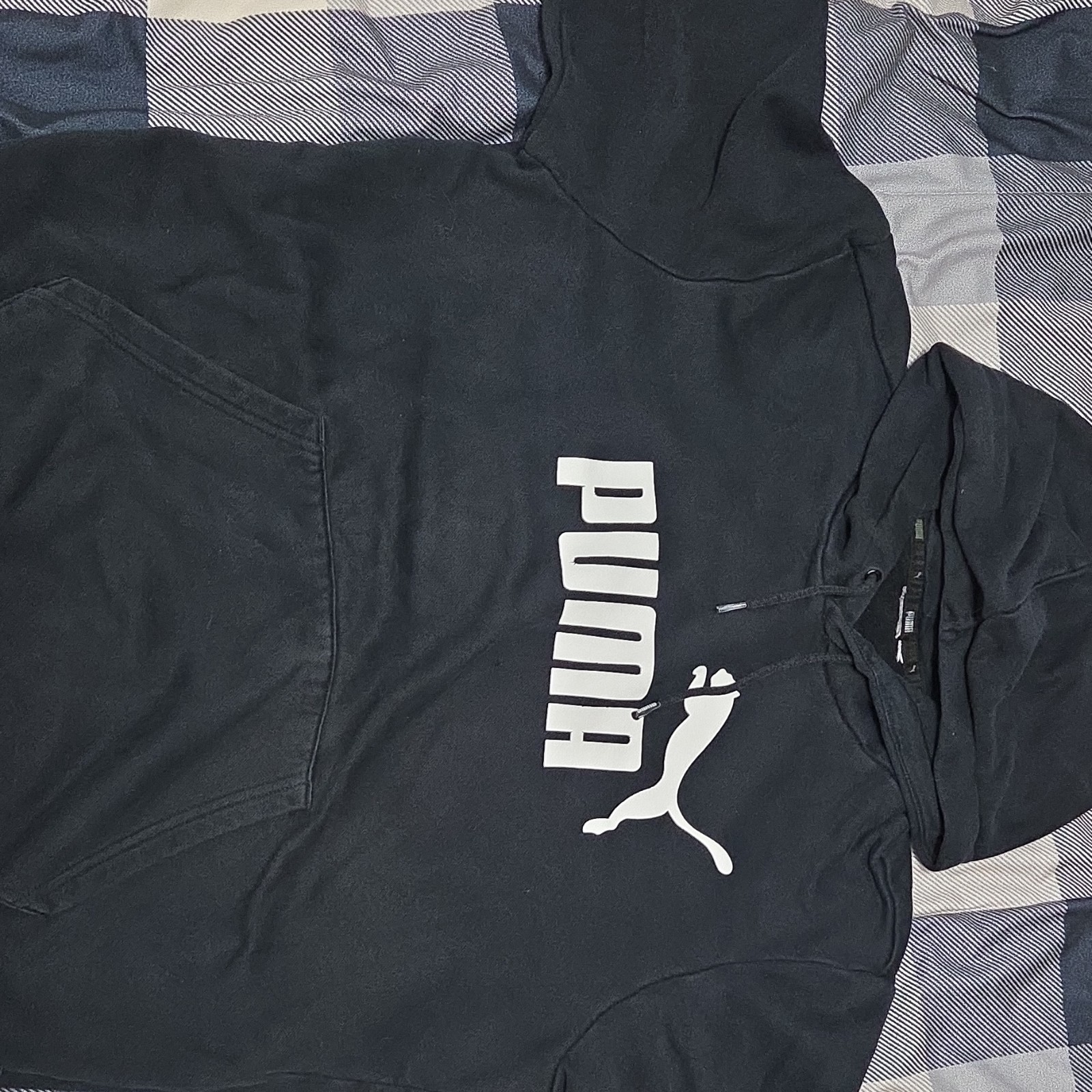 PUMA Fleece Pullover Hoodie Black Men's Drawstring Logo Pockets Hooded