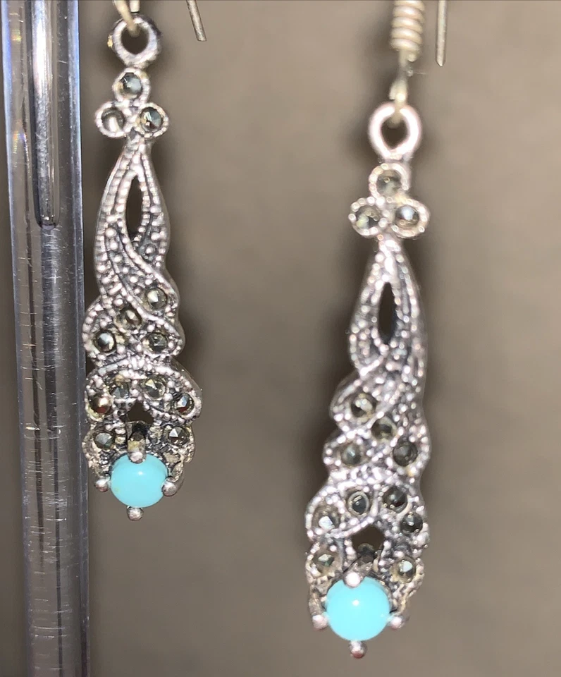 ORECCHINI PENDENTI  LUNGHI CM 5,  IN ARGENTO MARCASITE E TURCHESE - Immagine 2 di 4