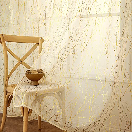 Cream Sheer Curtains 96 inch Length 2 Panels, Tree Branch Gold Foil Print - Picture 5 of 8