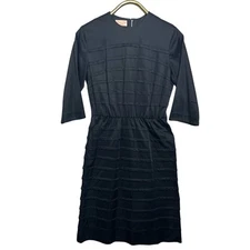 Vintage Nelly Don 60s Sz Small Black Pleated Shift Dress Back Zip 3/4 Sleeves