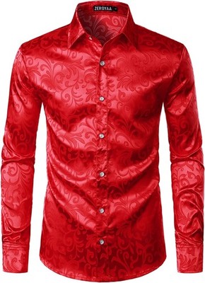 Men's Luxury Jacquard Long Sleeve Dress Shirt Shiny Satin Slik Like Wedding Part