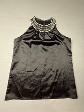 CellyK vintage Beaded Halter Satin Camisole - Black made in usa L