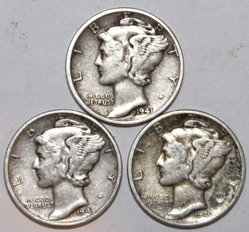 (3) Mercury Dimes - VF/XF - 1941 1942 1943D - #2014ED FREE SHIPPING
