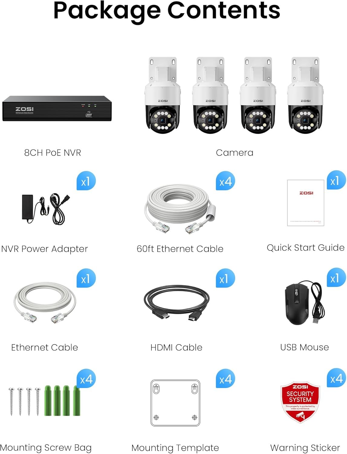 ZOSI 8CH 4K PTZ PoE Security Camera System 4x 8MP Camera Auto Track 2TB HDD