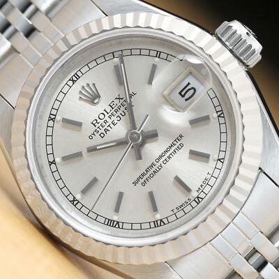 AUTHENTIC ROLEX LADIES DATEJUST SILVER DIAL 18K WHITE GOLD STAINLESS STEEL WATCH