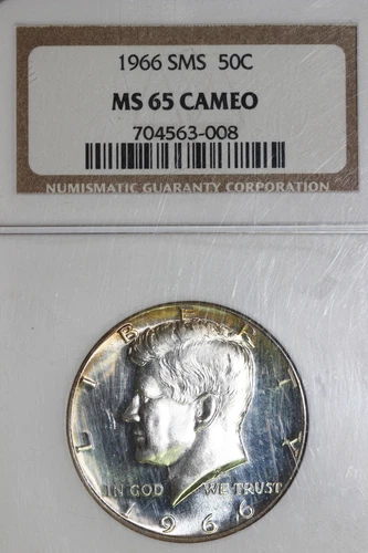 1966-P Kennedy 40% Silver Half Dollar Toned NGC Graded MS 65 CAMEO (704563-008)